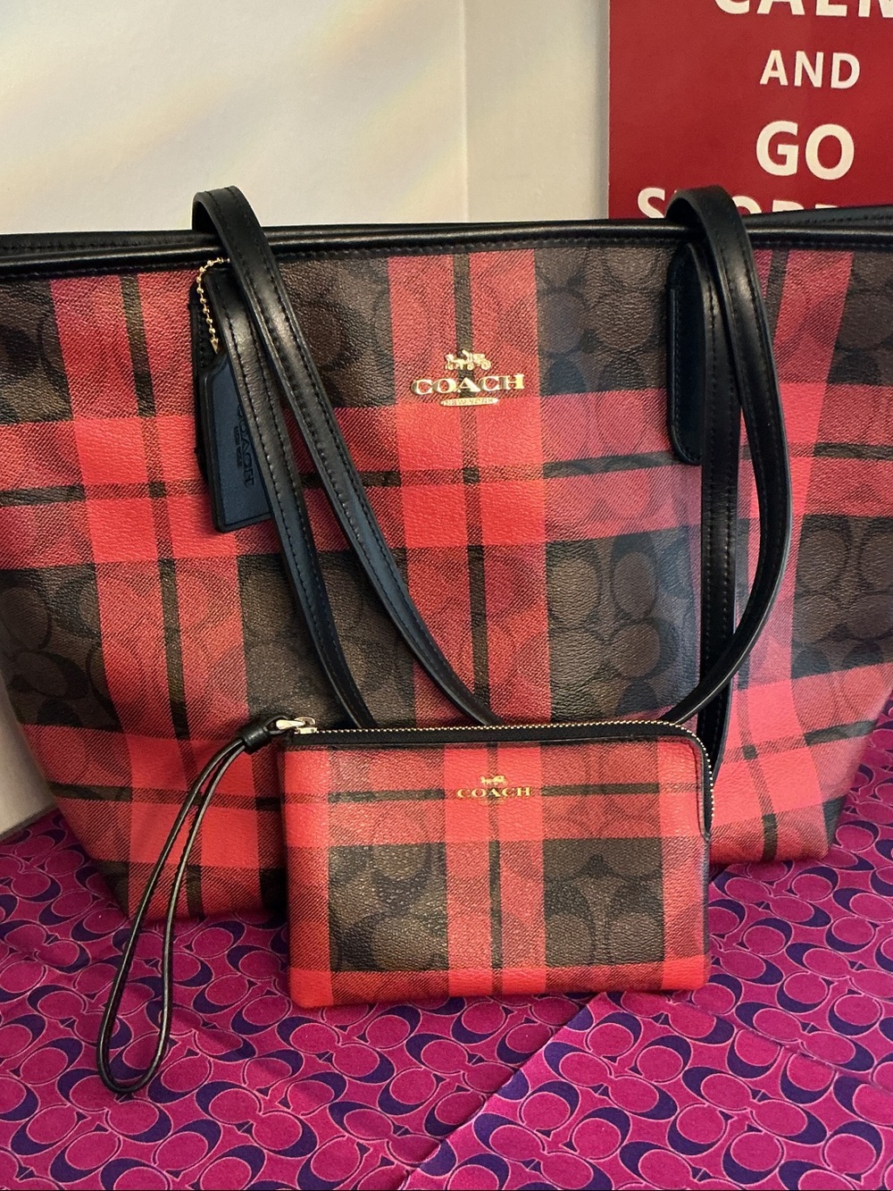 COACH Red and Black Plaid Signature Tote with Wristlet